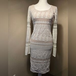 BCBG Maxazria Size XS White Tan Alice Mixed Lace Sheer long sleeve Sheath Dress
